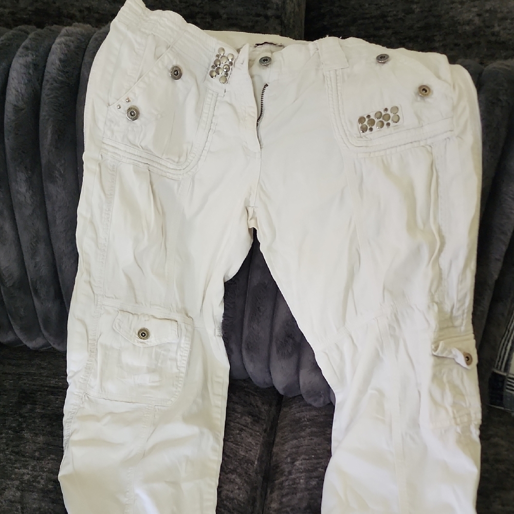 White Women's Boot Cut Cargo Pants with Stud Detail